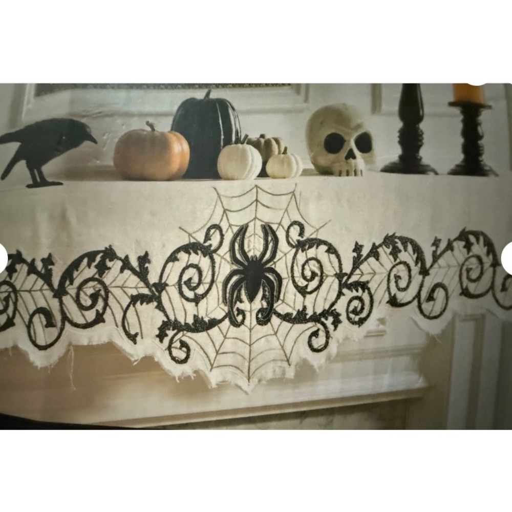 Tahari Home Mantel Scarf Halloween Cream Black Beaded Spider Web Spooky Goth